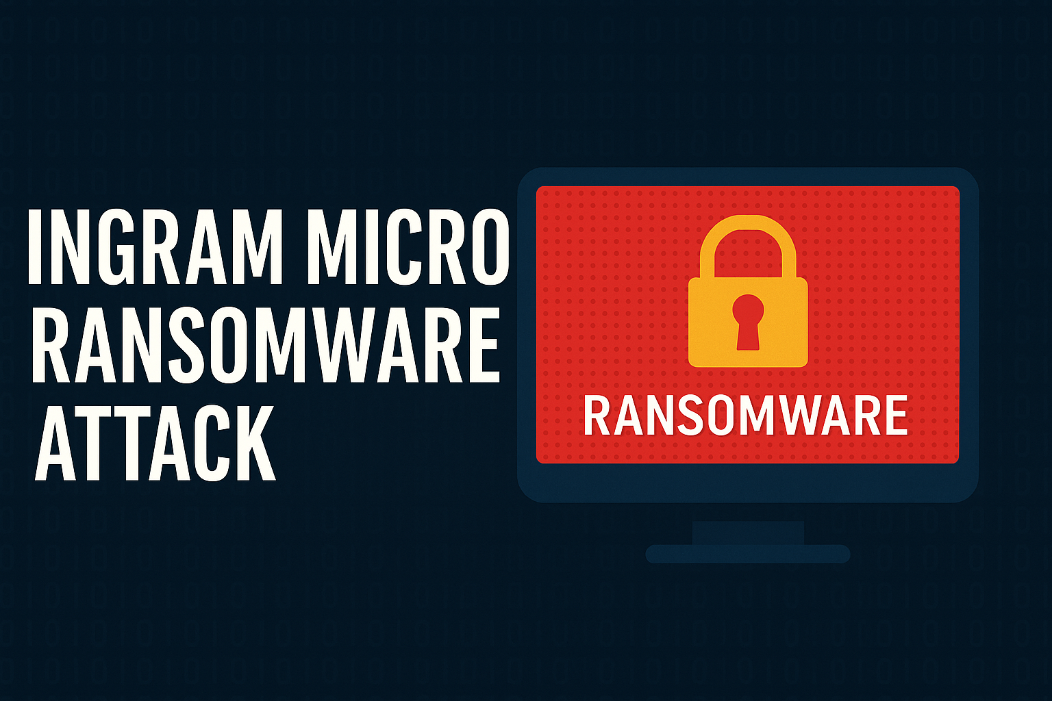 Digital graphic showing “Ingram Micro Ransomware Attack” with a red ransomware warning on a computer screen