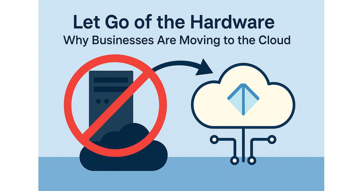 Illustration showing the transition from on-premise servers to cloud computing, with a server crossed out and a cloud icon representing digital transformation